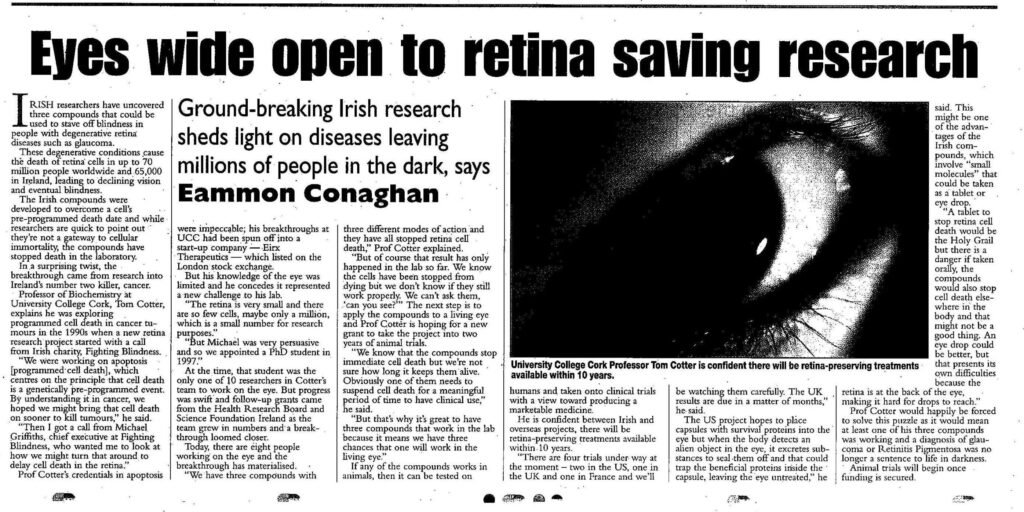Article on breakthrough in blindness treatment, by Eammon Conaghan.