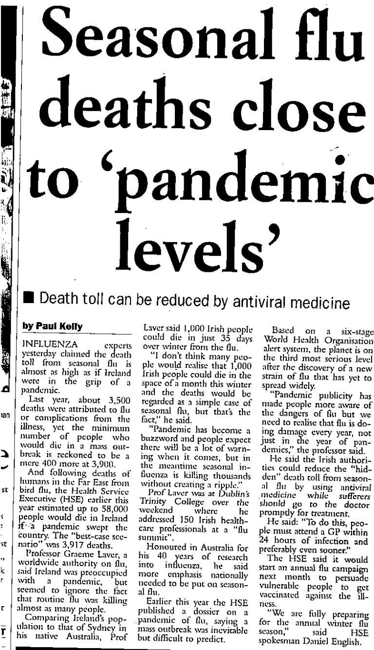 Article on pandemic level seasonal flu outbreaks in Ireland.